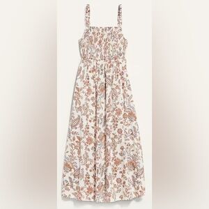 Fit & Flare Sleeveless Cotton-Poplin Smocked-Bodice Midi Dress in Cream Floral